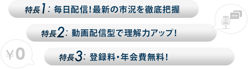 特徴１・毎日配信！最新の市況を徹底把握、特徴２・動画配信型で理解力アップ！、特徴３・登録料・年会費無料！